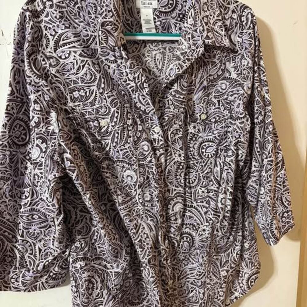 Liz & Co purple, black and white floral button down. 2 x.